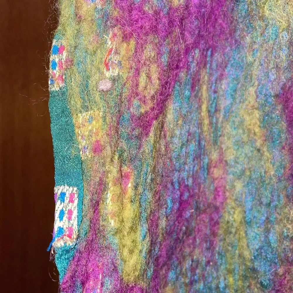 Hand-Felted Lagenlook Wool & Silk Green Multi Color Shawl Scarf Art to Wear